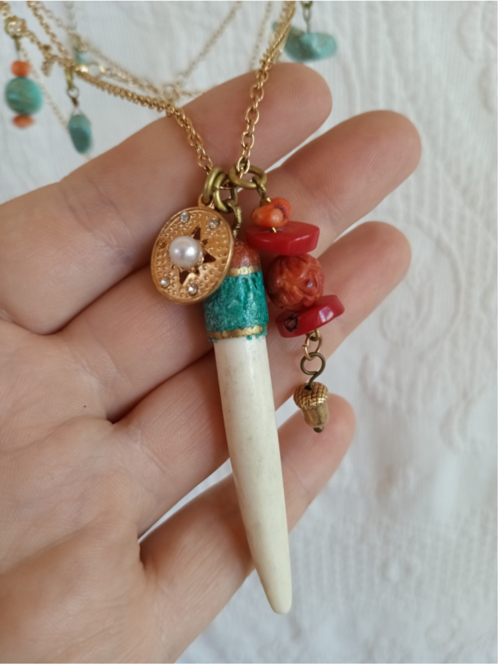 Inlaid Yak Bone Pendant on Layered Gold Plated chain Turquoise howlite red coral - Picture 2 of 11